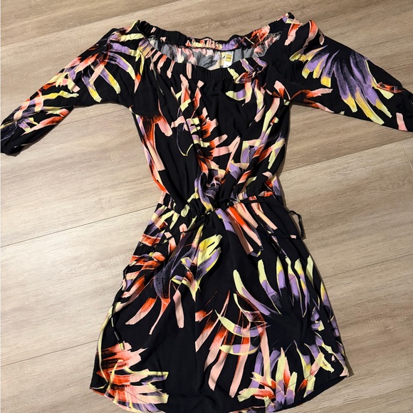 Lole Dresses & Skirts - Lole Black Off-Shoulder Mini Dress with Purple, Yellow & Orange Print